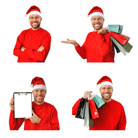 Set of smiling christmas man wearing a santa hat isolated on the white backgroundの写真素材