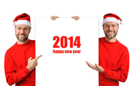 Smiling christmas man wearing a santa hat isolated on the white backgroundの写真素材