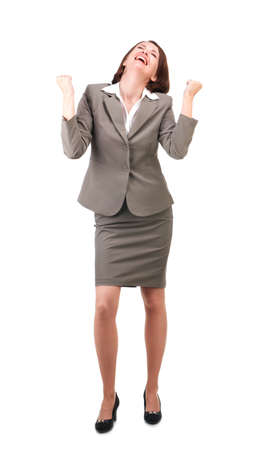 Pretty business woman in gray suit isolated on white backgroundの写真素材