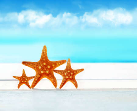 Summer beach. Three starfish.の写真素材
