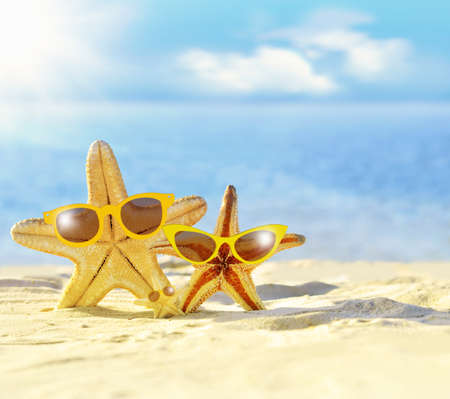 Starfish in sunglasses on the seashore. Tropical summer beach.の写真素材