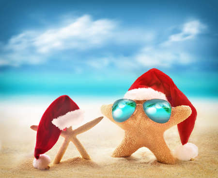 Starfish in sunglasses on summer beach and santa hat. Christmas.の写真素材