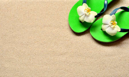 Flip Flops on the sand and orchid flowers. Summertime on beach concept. Summer beach.の写真素材