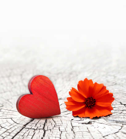red wooden heart on a cracked wooden background and flowerの写真素材