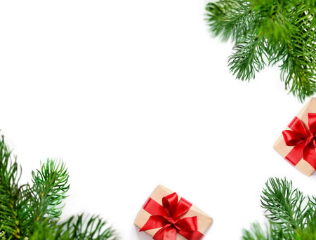 Christmas composition. Christmas gift and fir tree branches. Top view, flat lay.