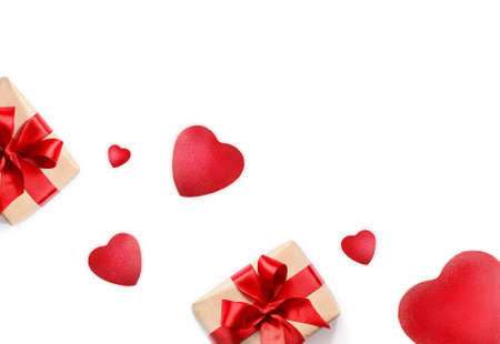 Gift box and red hearts on white background.の写真素材