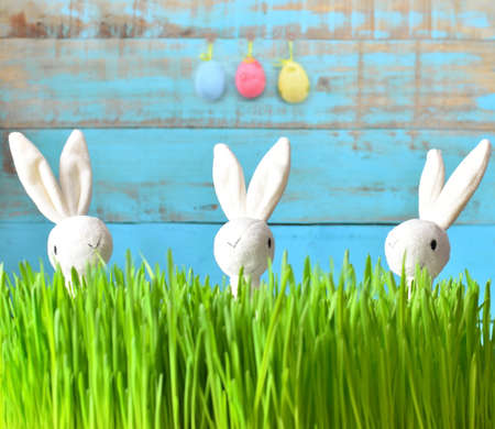 Toy little Easter bunny and Easter eggs on green grassの写真素材