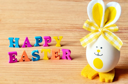 Easter eggs and cute bunny. Happy Easter.