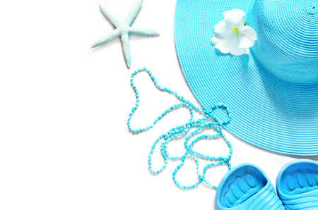 White surface with beach items, top view.の写真素材