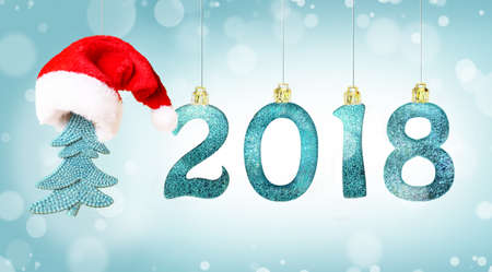 Set of silver shiny digits on glitter background. New year 2018 background. Christmas.の写真素材