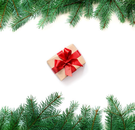 Fir tree branch and Christmas gift box on white background. Top view with copy space.の写真素材