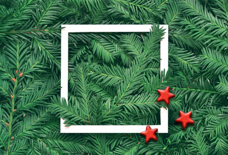 Creative background of pine branch with white paper frame and stars. New Year and Merry Christmas Concept. Flat Lay.の写真素材