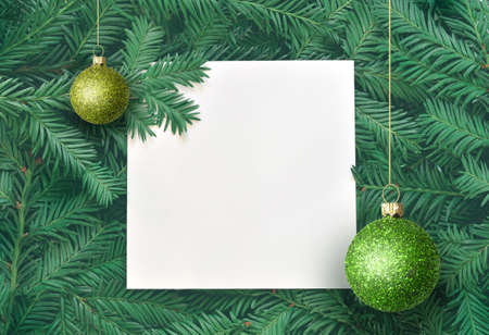 Creative background of pine branch with white paper card and ball. New Year and Merry Christmas Concept. Flat Lay.の写真素材