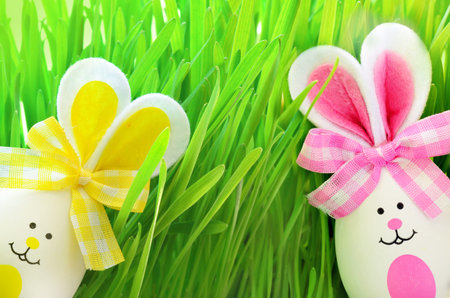 Easter funny bunny on green grass and easter eggs. Easter background