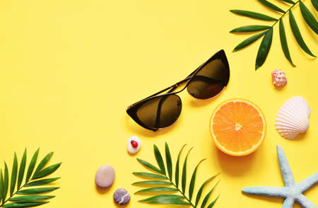 Tropical Background. Palm Trees Branches with starfish and seashell on yellow background. Travel. Copy spaceの写真素材