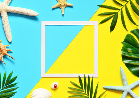 Tropical Background. Palm Trees Branches with starfish and seashell on yellow and blue background....