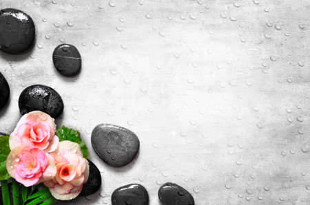 Set of pink rose flowers on pebble. Spa concept.の写真素材