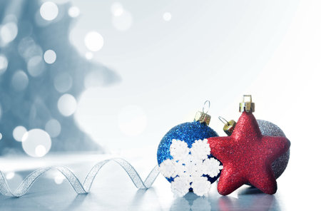 Christmas Holiday Background decorated with baubles, light garland. Christmas and New Year...