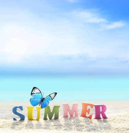 Summer beach. Word summer of color letters on summer beach and butterfly on a background of ocean.の写真素材