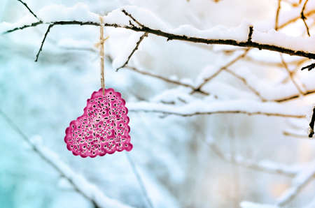 Red heart on snowy tree branch in winter. Holidays. Happy valentines day celebration. Heart love concept.の写真素材