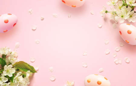 Easter pink background with eggs, Spring concept.の写真素材