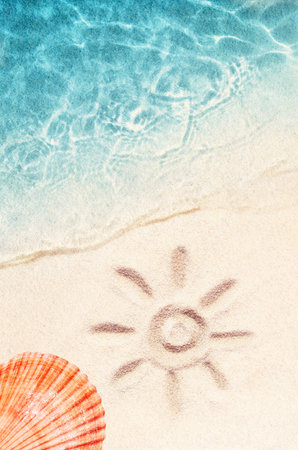 Seashell on the summer beach in sea water. Summer background. Summer time