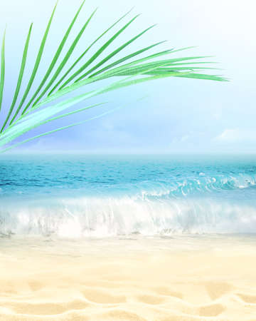 Summer beach background. Sand, palm leaf, sea and sky. Summer conceptの素材 [FY310123817899]