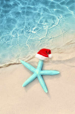 Christmas holidays concept. Top view of starfish in santa claus hat on summer sand beachの写真素材