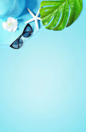 Tropical Summer Beach Background. Palm Trees Branches, hat with starfish on blue summer background. Travel. Copy space. Summer concept.の写真素材