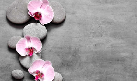 Spa stones and pink orchid on grey backgroundの写真素材