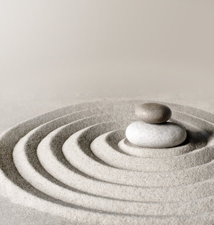 Japanese zen garden meditation stone, concentration and relaxation sand and rock for harmony and...