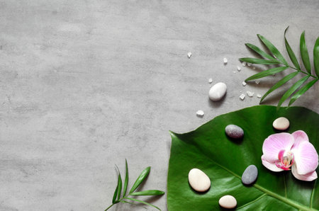 Flat lay composition with spa stones, palm leaf, orhid pink flowers and space for text on gray...