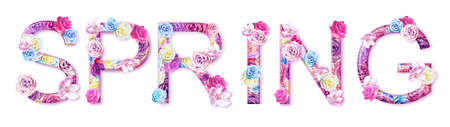 Word SPRING made of flowers on white background. Spring concept. Flat lay. Flower background.の写真素材