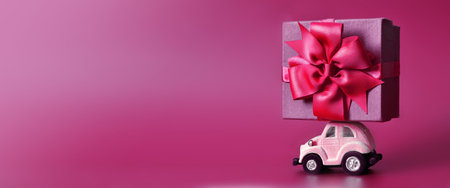 Pink toy retro car with gift box on a roof on pink background. Copy space