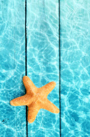 Starfish on the summer beach in sea water and background from boards. Summer background. Summer time.の写真素材