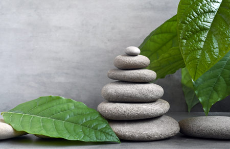 Spa stones with green leaf on gray background. Spa concept.