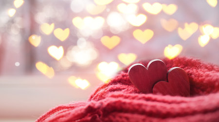 Valentines day concept with red scarf and hearts over heart shaped bokeh. Holiday concept.