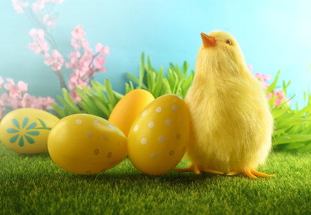 Easter eggs and chicken on green grass on blue background. Easter card.