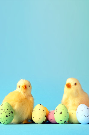 Easter eggs and yellow chick on a blue background. The minimal concept. Easter card.