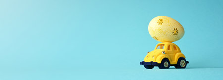 One Easter egg on a small car on a blue background. copyspace. Easter card.