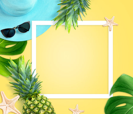 Summer background design concept. Top view of holiday travel beach with starfish, pineapple, hat and monstera leaves on yellow background.の写真素材