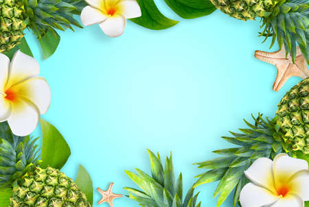 Summer background design concept. Top view of holiday travel beach with starfish, pineapple, flower plumeria and monstera leaves on blue background.の写真素材