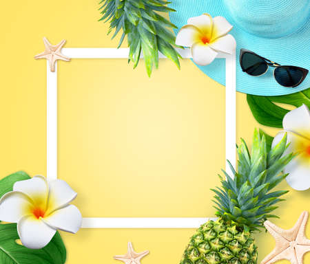 Summer background design concept. Top view with starfish, pineapple, hat, flower plumeria and monstera leaves on yellow background.の写真素材