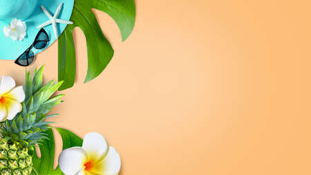 Summer background design concept. Top view with starfish, pineapple, hat, sunglasses flower plumeria and monstera leaves on pink background.の写真素材