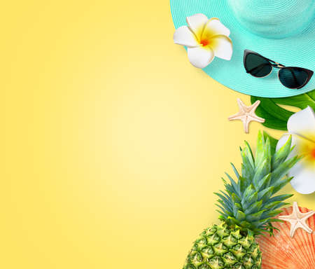 Summer background design concept. Top view with starfish, seashell, pineapple, hat, flower plumeria and monstera leaves on yellow background.の写真素材