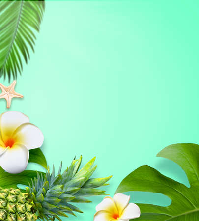 Summer background design concept. Top view of holiday travel beach with starfish, pineapple, flower plumeria and monstera leaves on blue background.の写真素材