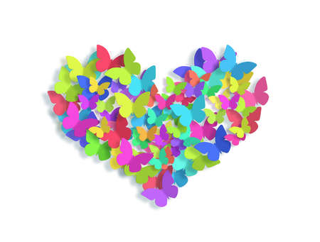 Butterfly flying. Heart created of colorful butterflies. isolated on white background. love concept.の写真素材