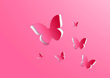 Paper butterflies on a pink background. Love and Valentine's day concept. top view.の写真素材