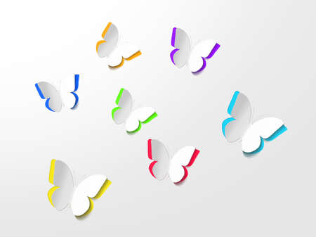 Paper multicolor butterflies on a white background. Love and Valentine's day concept. top view.の写真素材