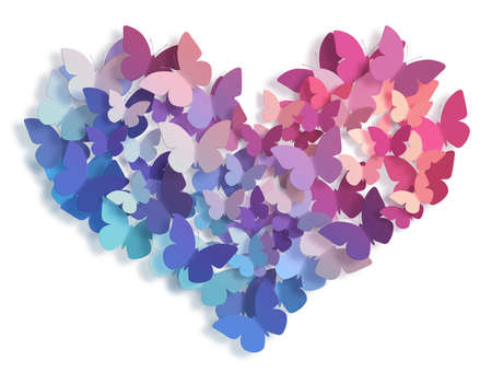 Butterfly flying. Heart created of colorful butterflies. isolated on white background. love concept.の写真素材
